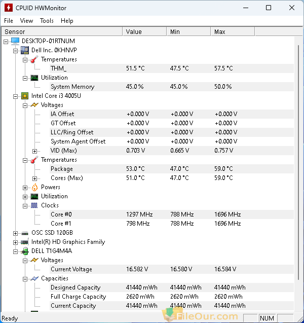 Capture d'écran de l'interface principale de HWMonitor