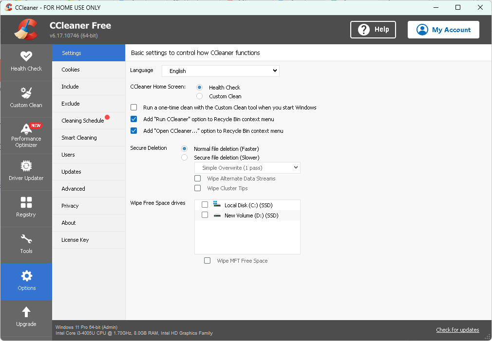 CCleaner options