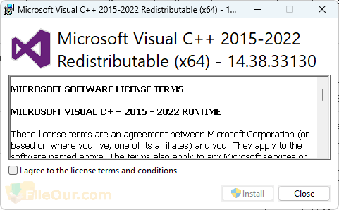 Microsoft Visual C++ పునఃపంపిణీ చేయగల ప్యాకేజీ సెటప్ స్క్రీన్‌షాట్