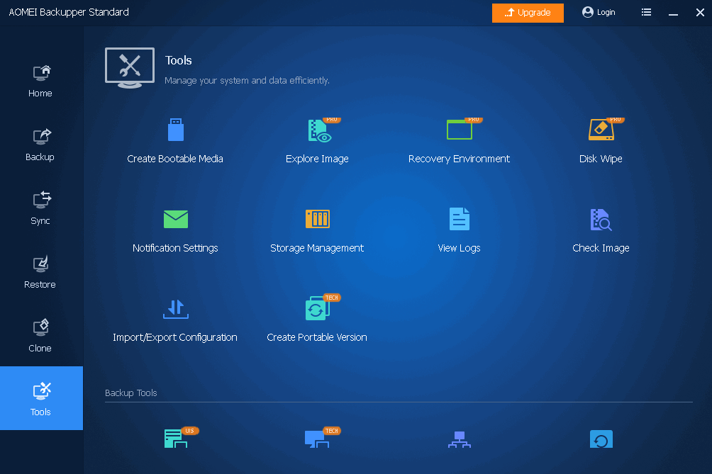 Captura de tela das ferramentas AOMEI Backupper