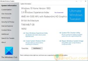 Tikina Windows Ultimate Tweaker mo Windows, Taputapu TweakUI Koreutu, Taupānga Tweaker Pūnaha, Kaiwhakarite Windows, Windows optimizer