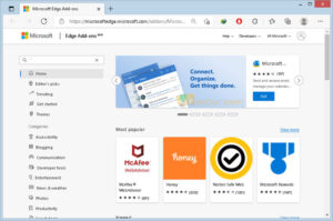 Captura de tela dos complementos do navegador Microsoft Edge