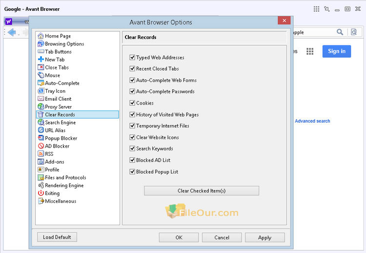 Avant Browser options screenshot