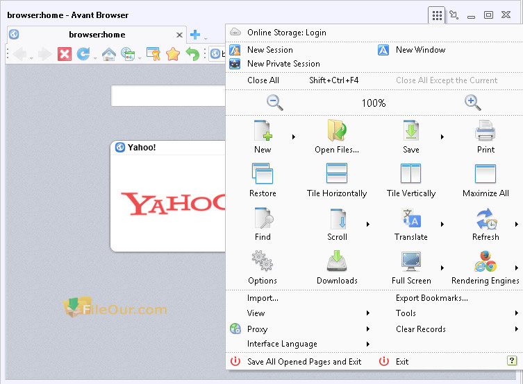 Screenshot der Optionen und Funktionen des Avant-Browsers