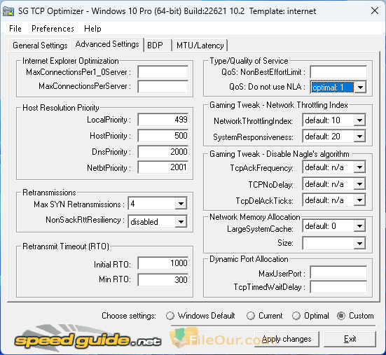 SG TCP Optimizer Advanced settings screenshot
