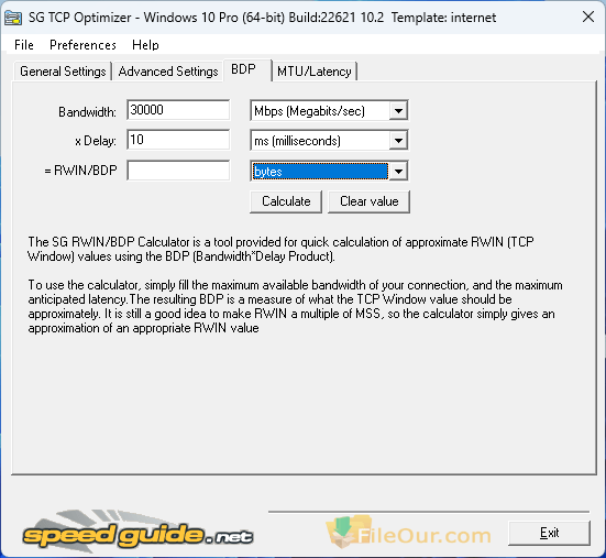 Snímek obrazovky SG TCP Optimizer BDP Calculator