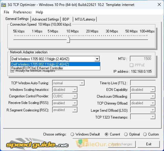 SG TCP Optimizer Általános beállítások képernyőképe