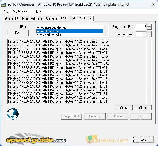 Capture d'écran du MTU de l'optimiseur SG TCP