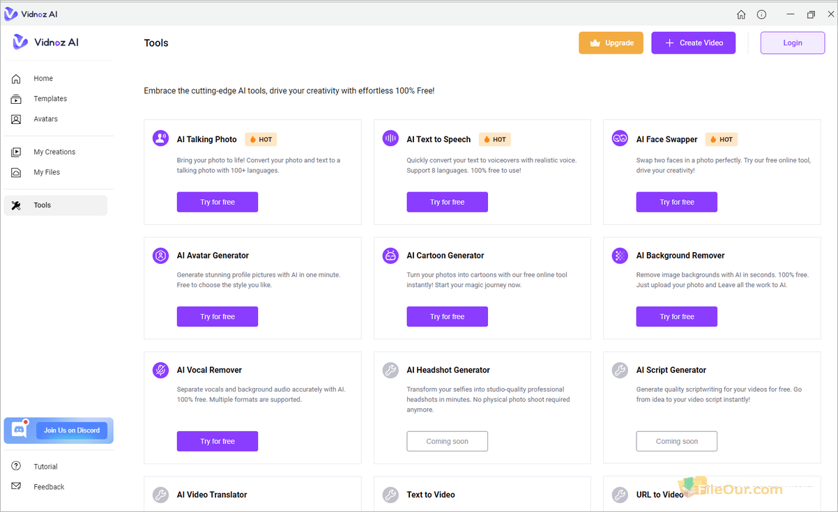 Capture d'écran des outils Vidnoz AI_