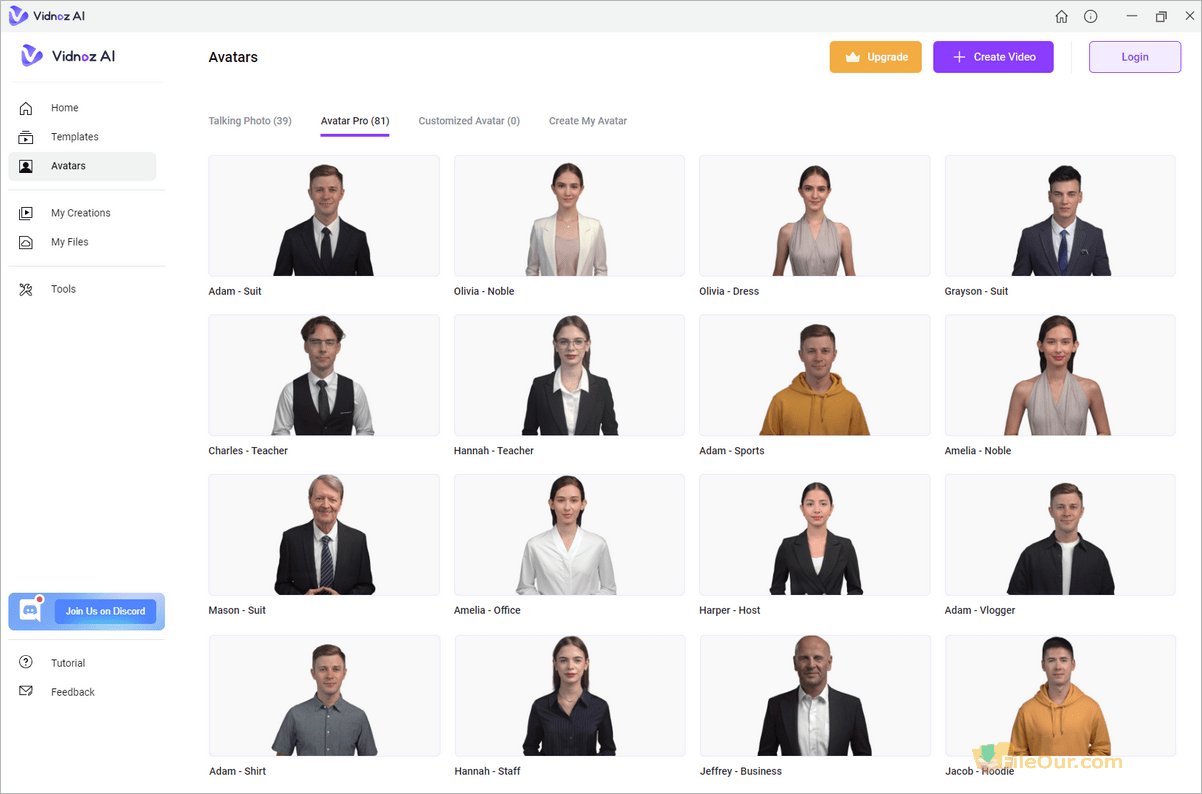 Capture d'écran des avatars Vidnoz AI_AI