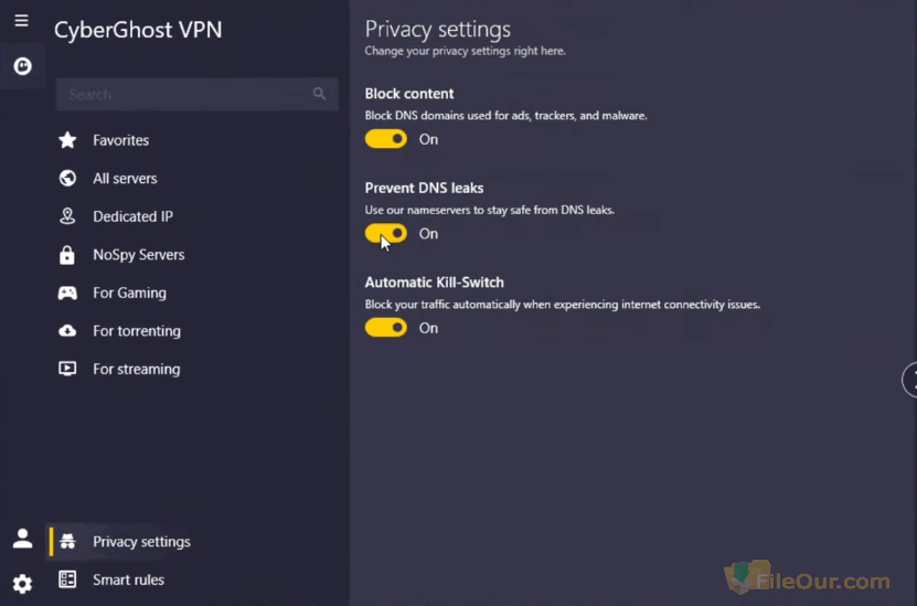 Capture d'écran de la confidentialité de Cyberghost VPN