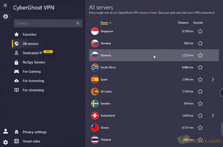 Cyber​​ghost VPN サーバーのスクリーンショット