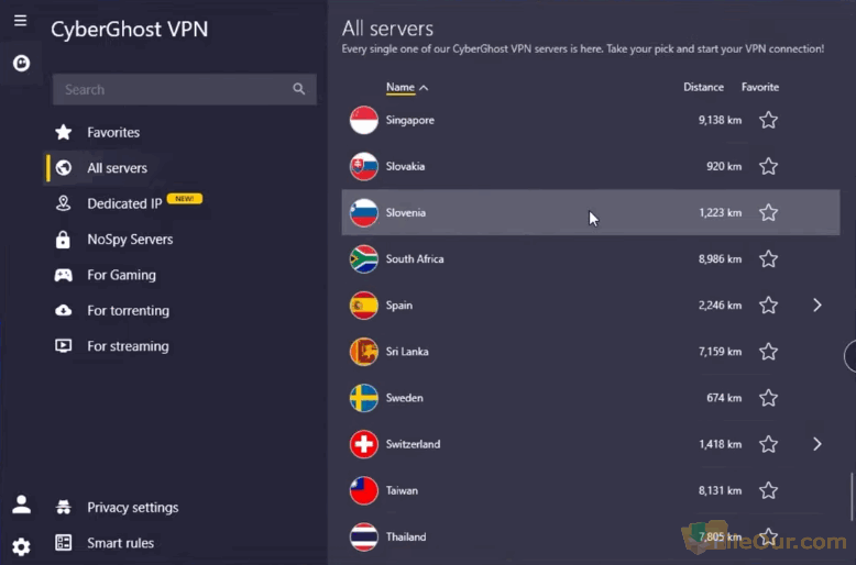 Captura de pantalla del servidor Cyberghost VPN