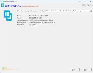 Schermafbeelding van WinToHDD-systeemkloon